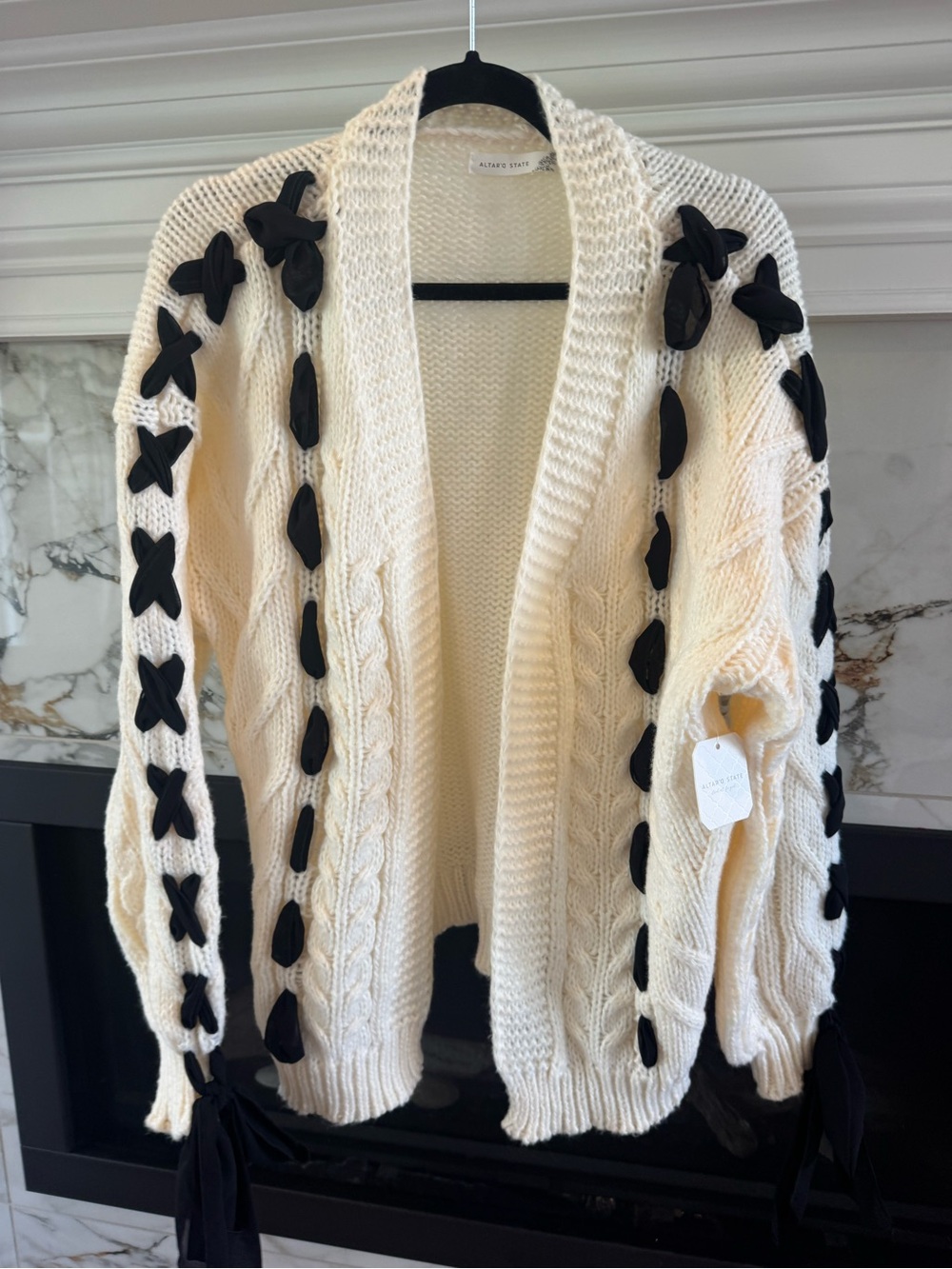 Altar'd State Cream Cable Knit Cardigan with Black Ribbon Accents